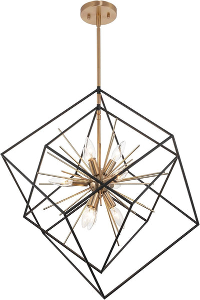 Kira Home black and brass geometric cube chandelier, full view