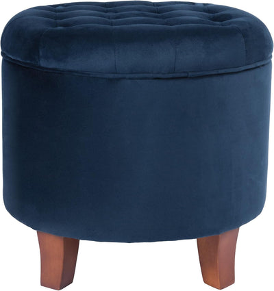 Navy velvet button-tufted storage ottoman, front view