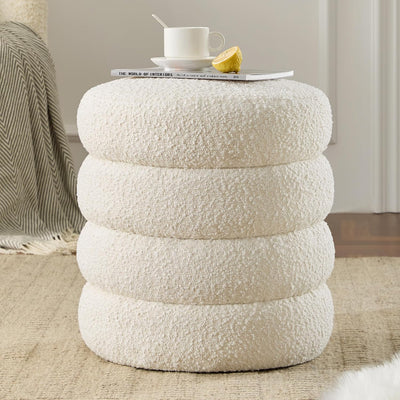 White boucle-texture storage ottoman, front view