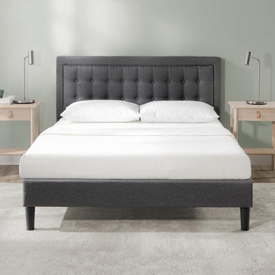 Upholstered platform bed frame in dark grey, queen size, front view