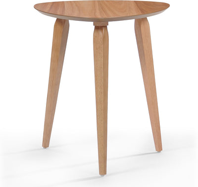 Tripod mid-century end table in natural wood finish, front view