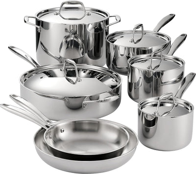 Tramontina 12-piece tri-ply clad stainless steel cookware set, full set view