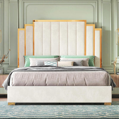 Channel-tufted king platform bed with gold-plated frame, cream, front view
