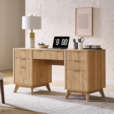 60-inch modern fluted executive desk in natural oak, front view