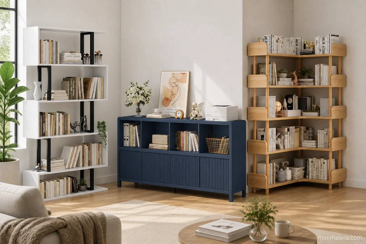 Gadroad S-shaped geometric bookcase, FATORRI blue 8-cube bookcase, and OSCHF oak L-shaped corner bookshelf styled together in a living room