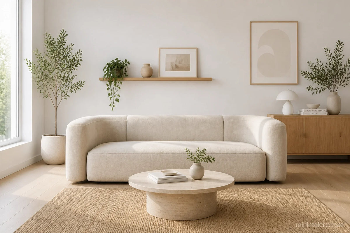 Acanva Mellow cream velvet curved-back sofa in a bright minimal living room with oak flooring, minimalera.com