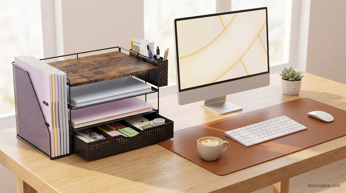 Wood desk organizer and brown leather desk pad on a modern home office desk