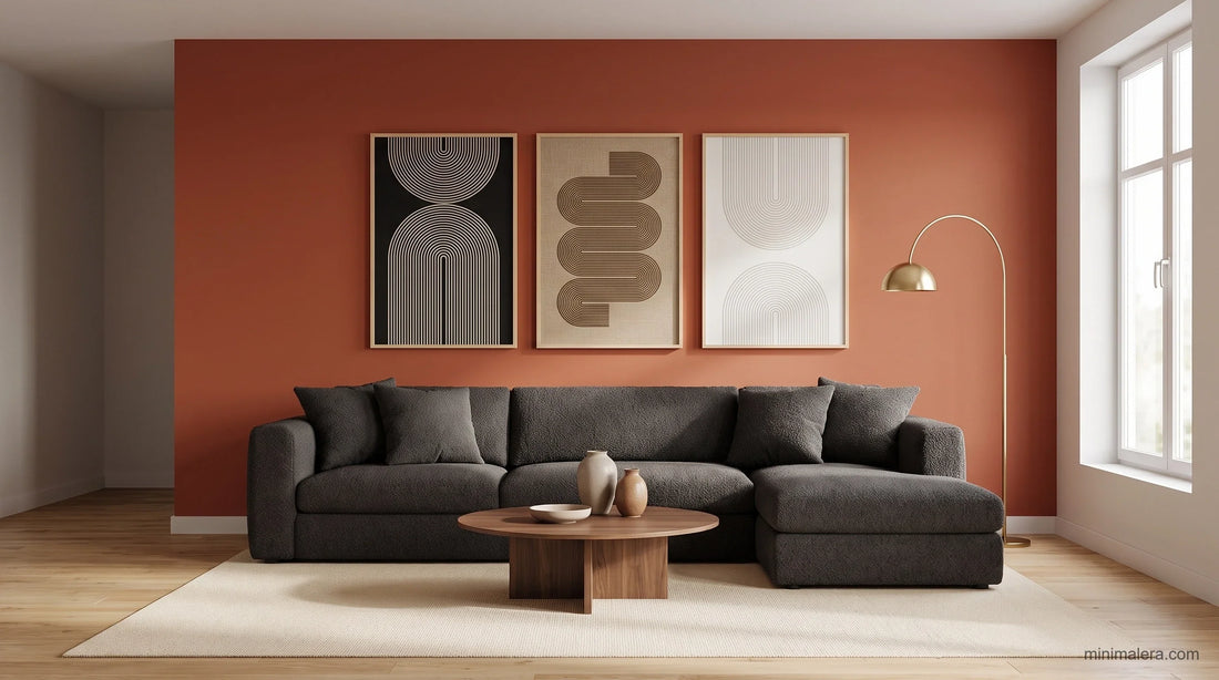 Colorful modern living room with a burnt-terracotta accent wall, charcoal boucle sectional sofa, and a set of three framed abstract wall art panels in black, tan, and off-white
