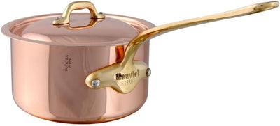 Mauviel polished copper saucepan with lid and brass handle, 1.9 quart