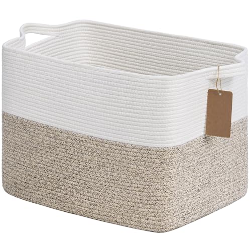 Woven storage basket, brown and white, with handles