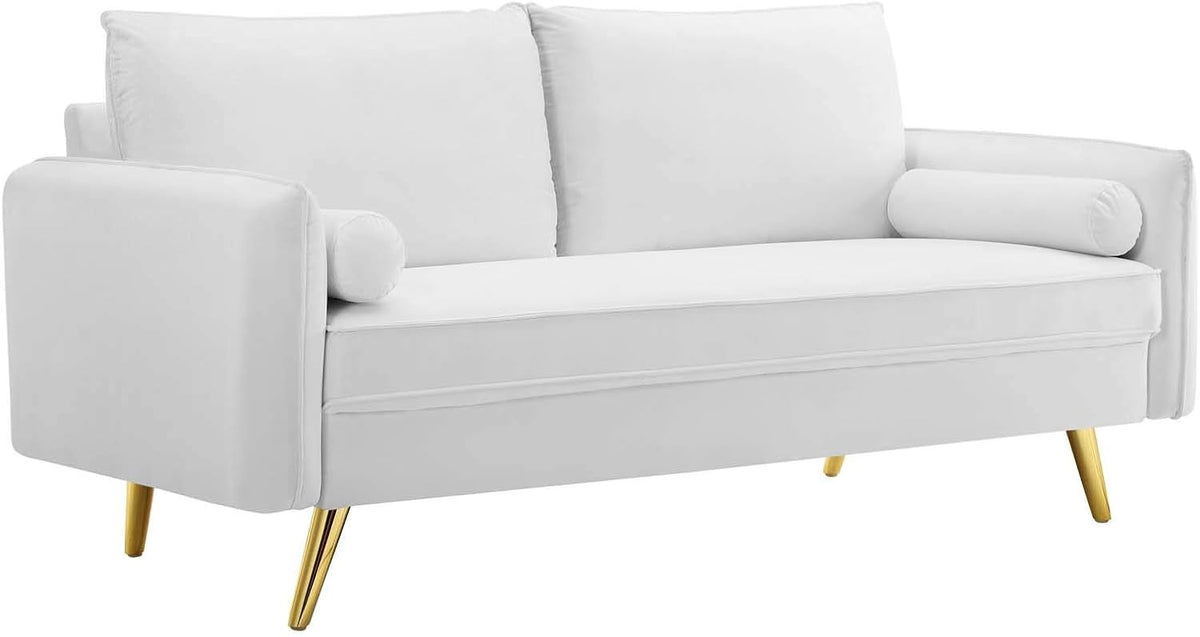 White performance velvet loveseat styled in a living room