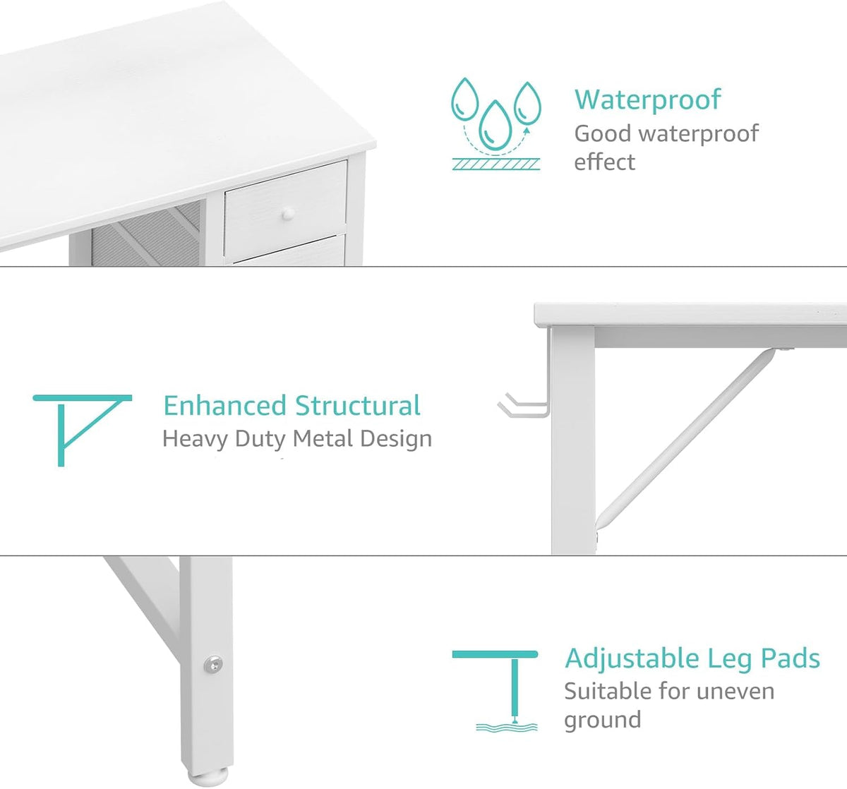 Warm white kids study desk, side view showing tabletop thickness and leg frame