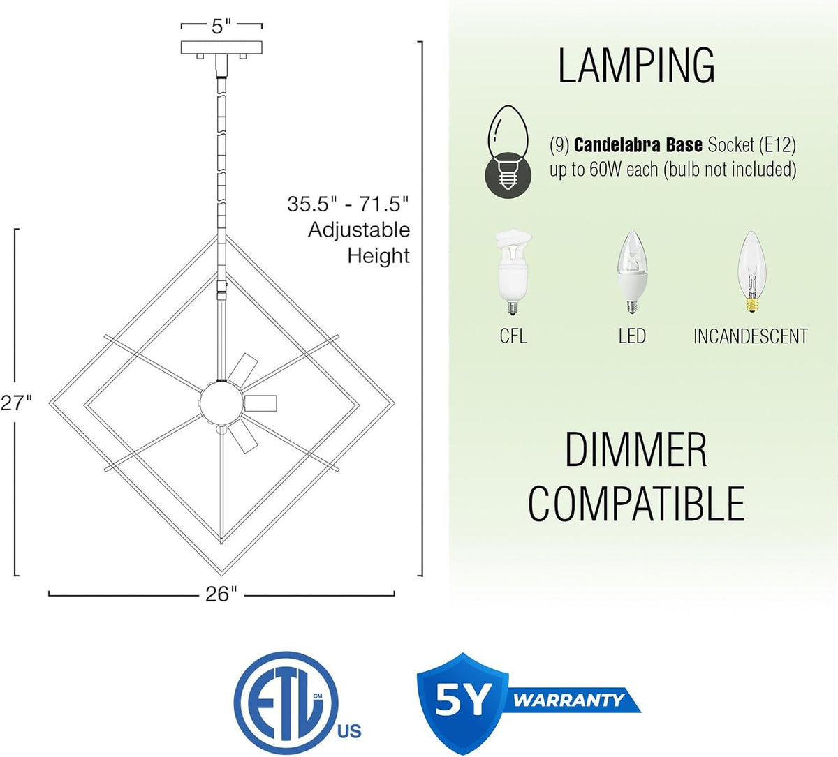 Kira Home chandelier dimensions and downrod diagram