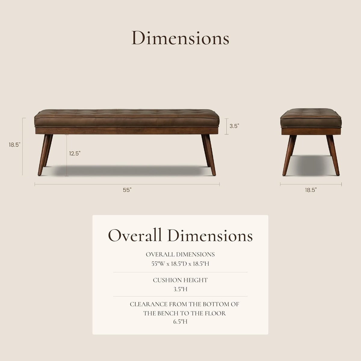 Poly & Bark tufted leather bed bench, side profile showing button-tufted seat