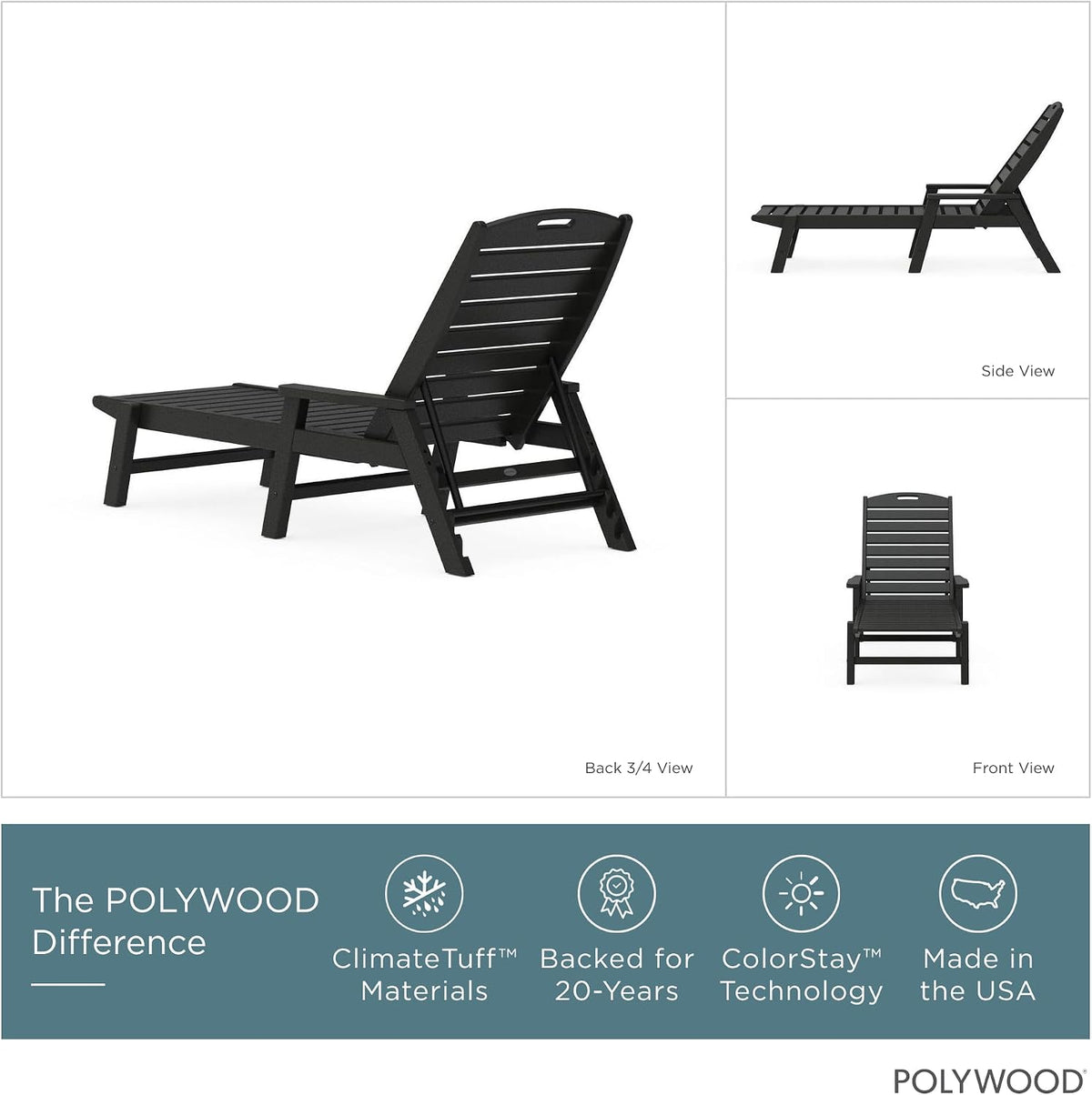 Black HDPE outdoor chaise lounge, side view showing recline positions