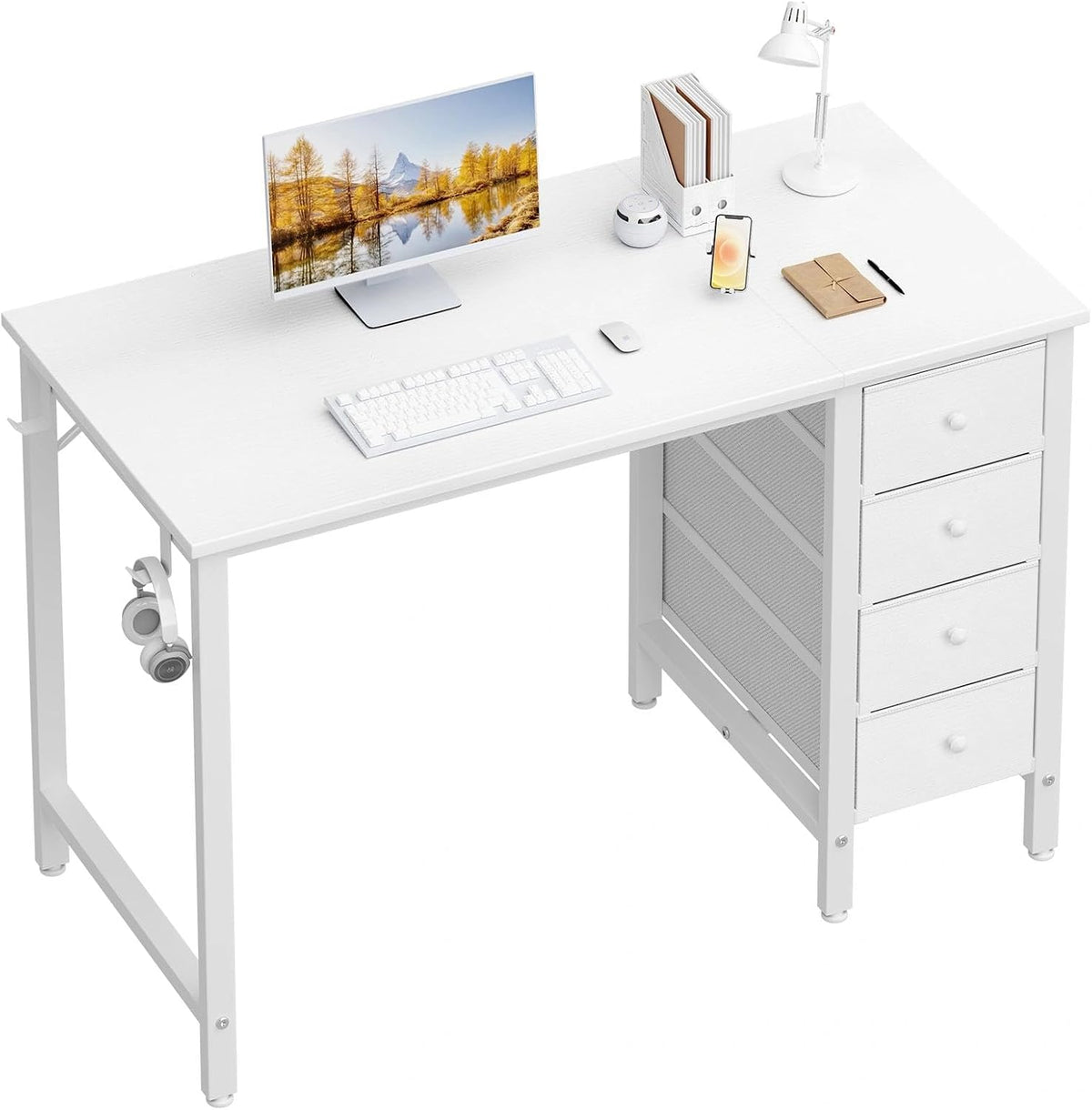 Warm white kids study desk with metal frame and fabric drawers, styled with monitor and desk accessories