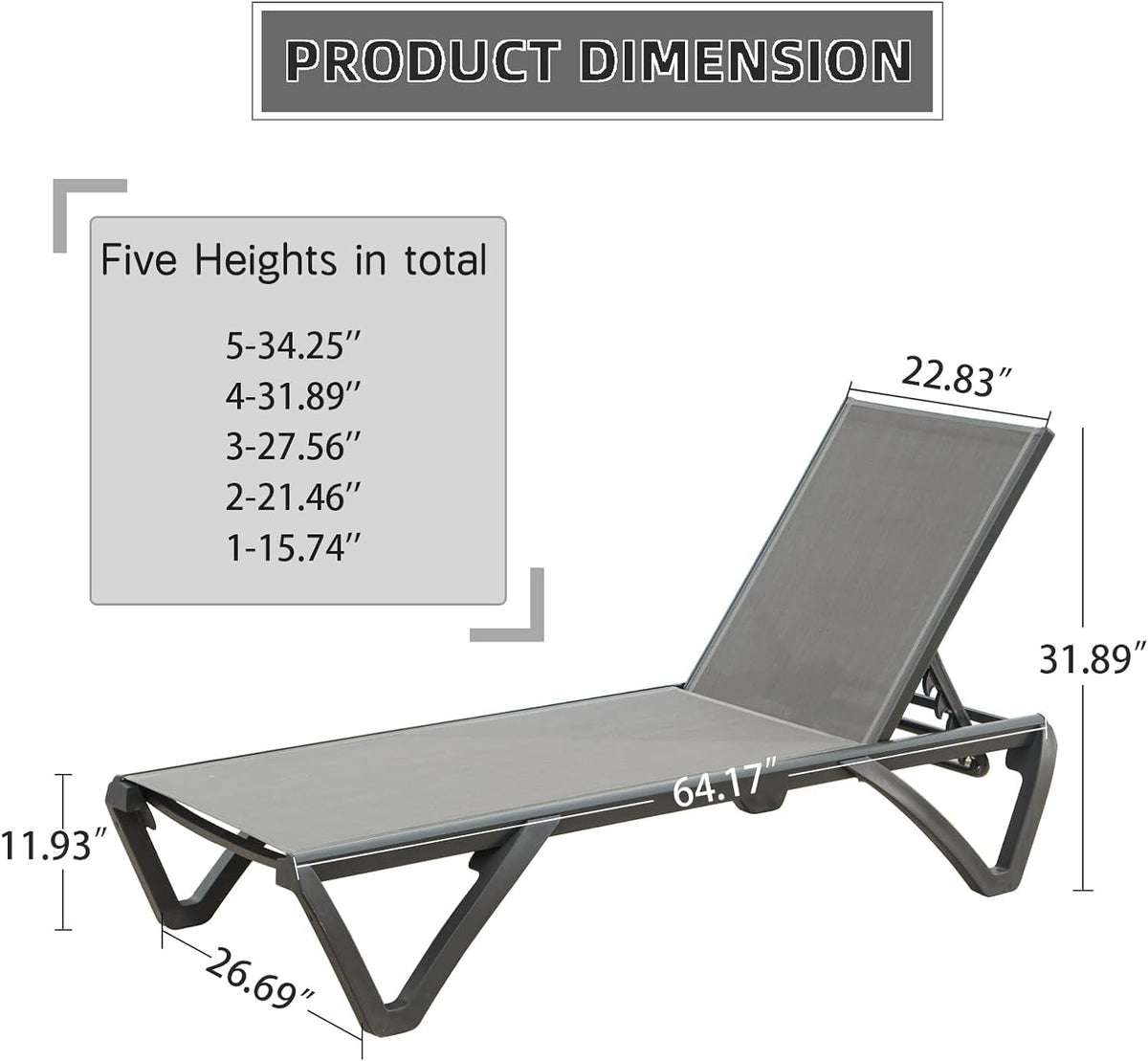 Grey aluminum sling chaise lounge, angled view showing mesh fabric texture
