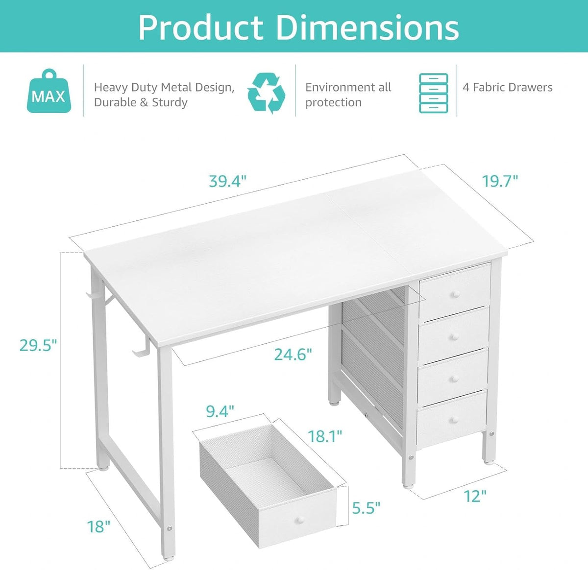 Close-up of fabric drawer front and white metal frame on kids study desk