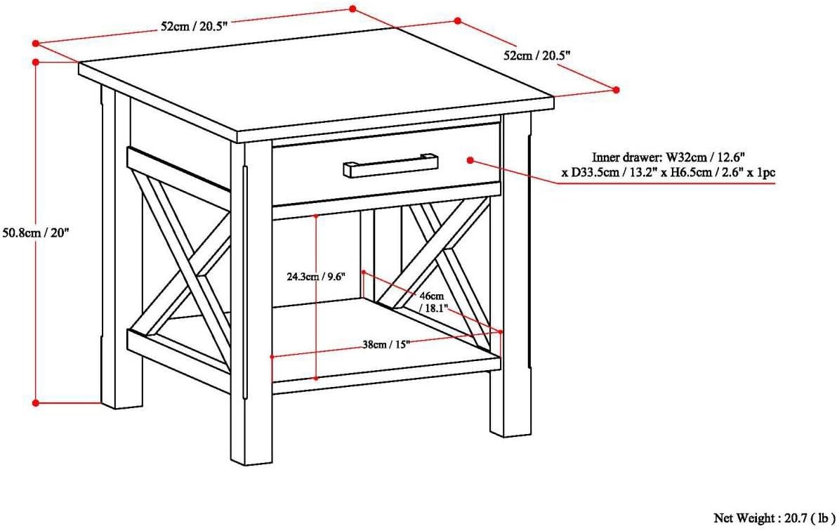 X-design solid wood end table, side view showing X accent