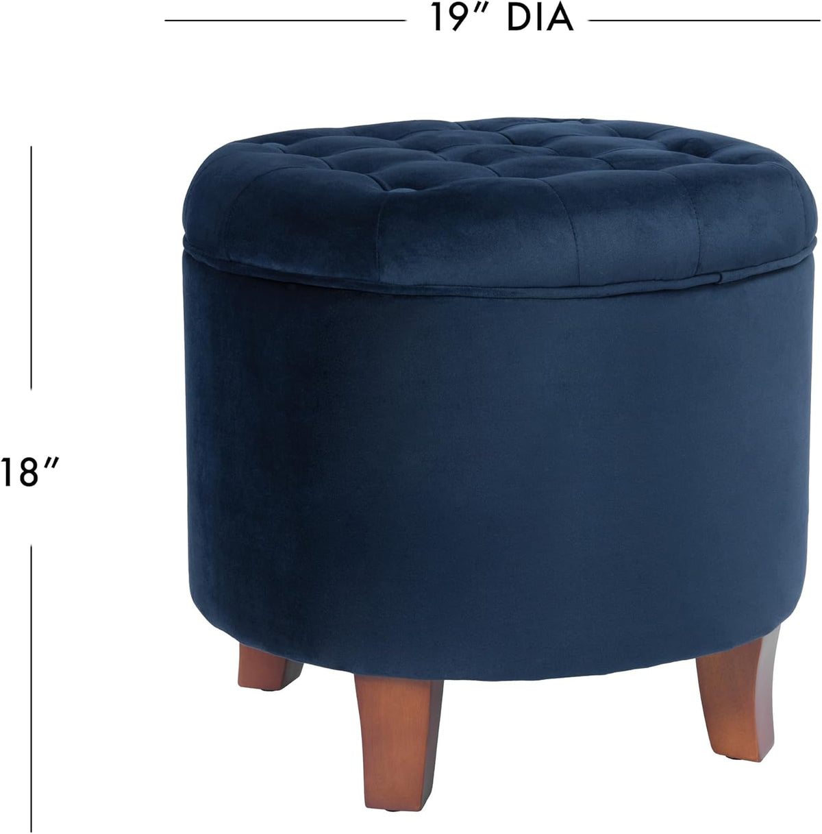 Navy velvet storage ottoman with lid open showing storage