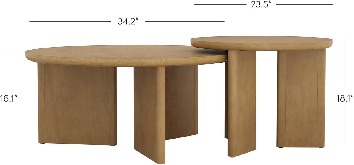 Round wood nesting coffee table set with the two tables separated