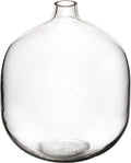 Clear glass rounded vase with narrow neck, front view on white background