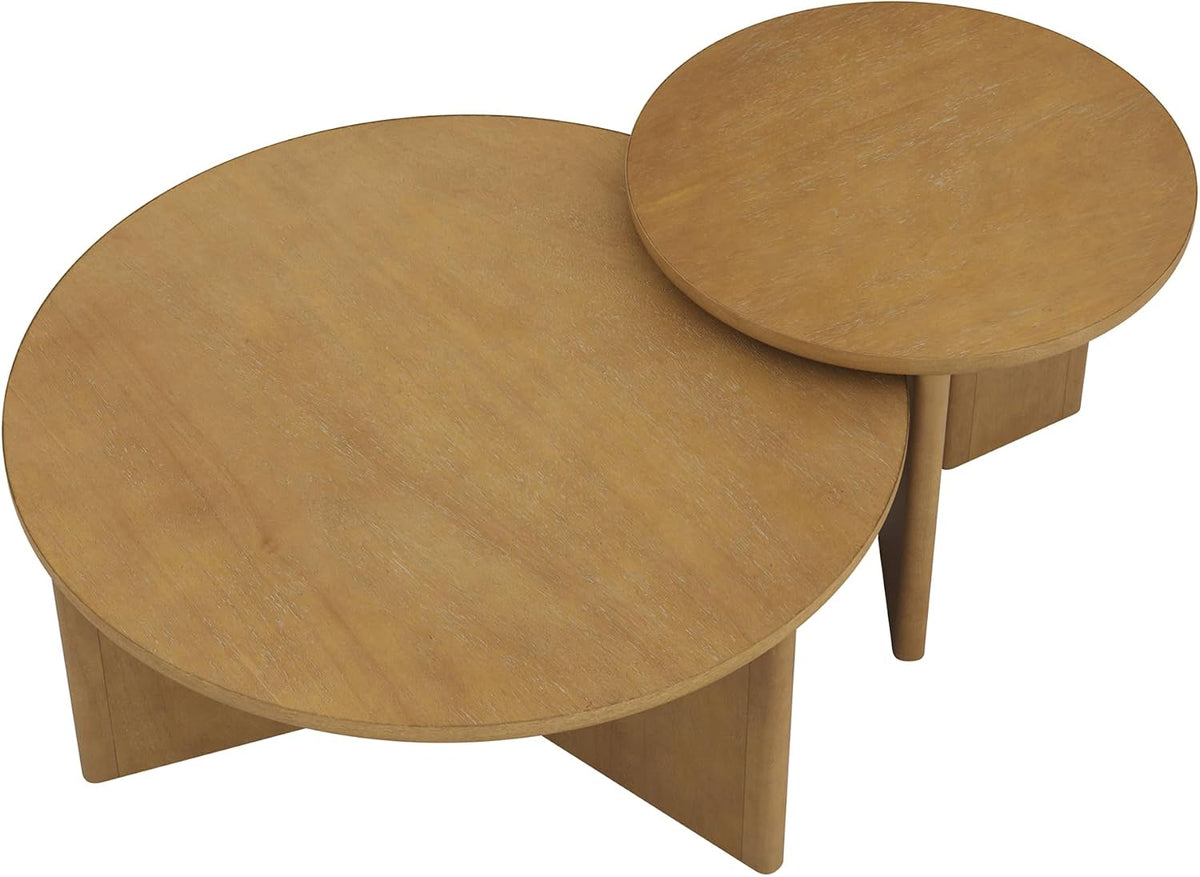 Top-down view of the round tabletop and wood grain finish
