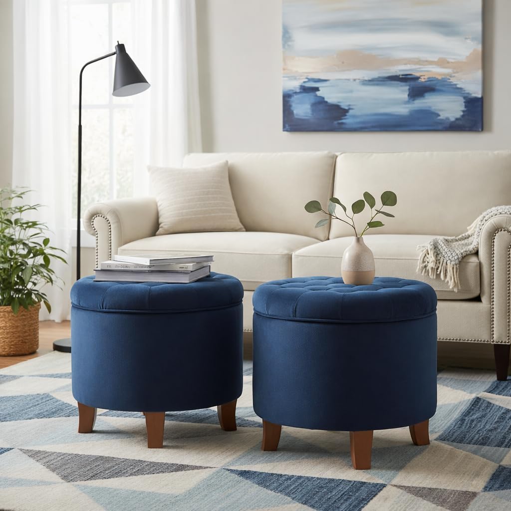 Navy velvet storage ottoman close-up of velvet texture