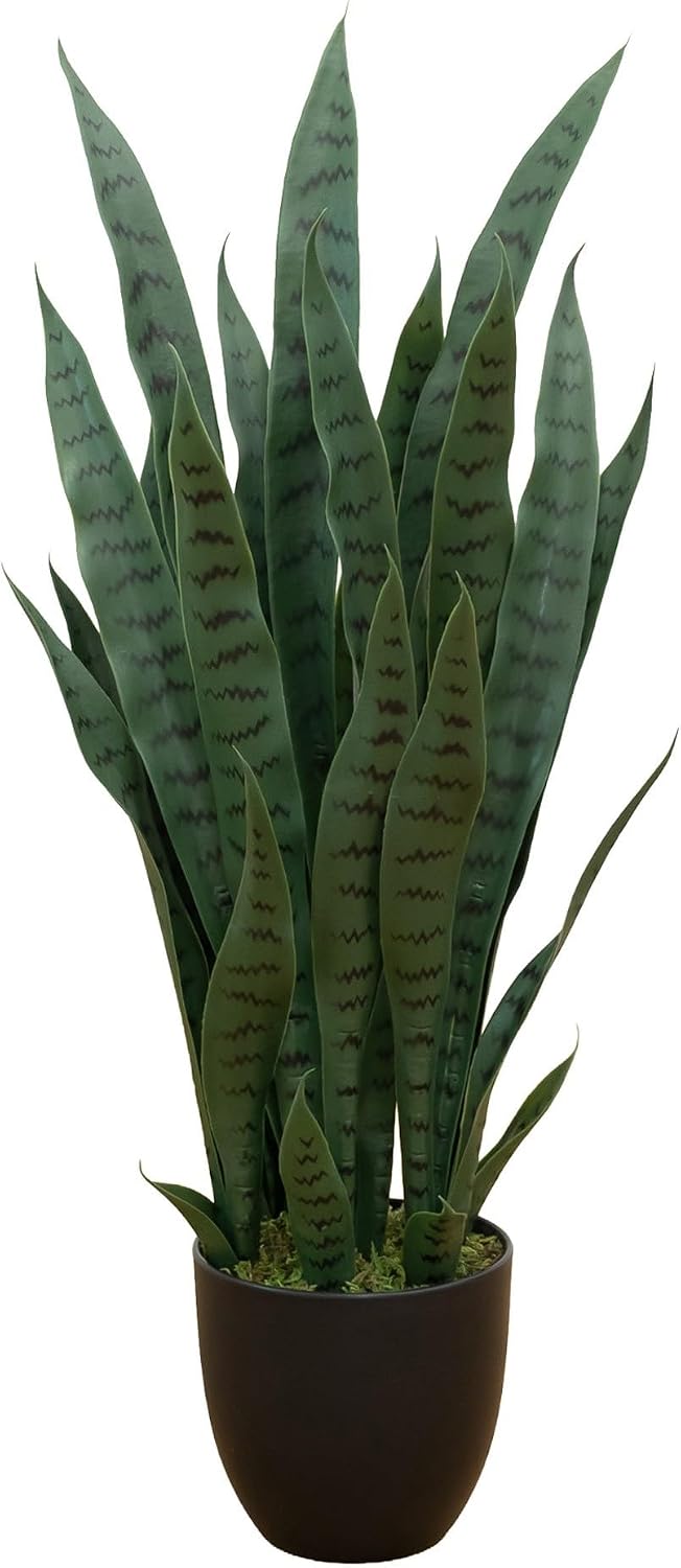 35-inch artificial snake plant with black planter, front view