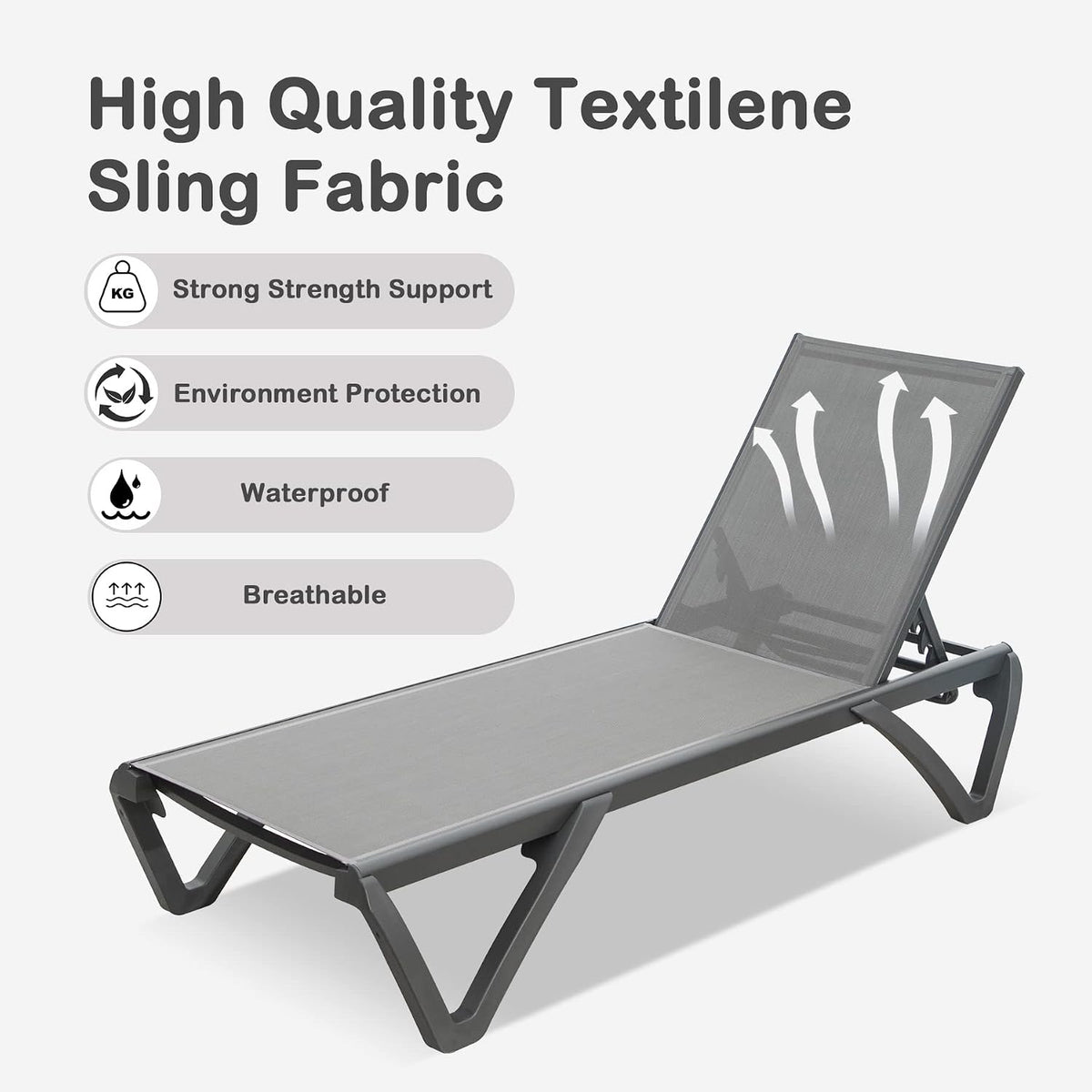 Close-up of aluminum frame joint and mesh fabric on chaise lounge