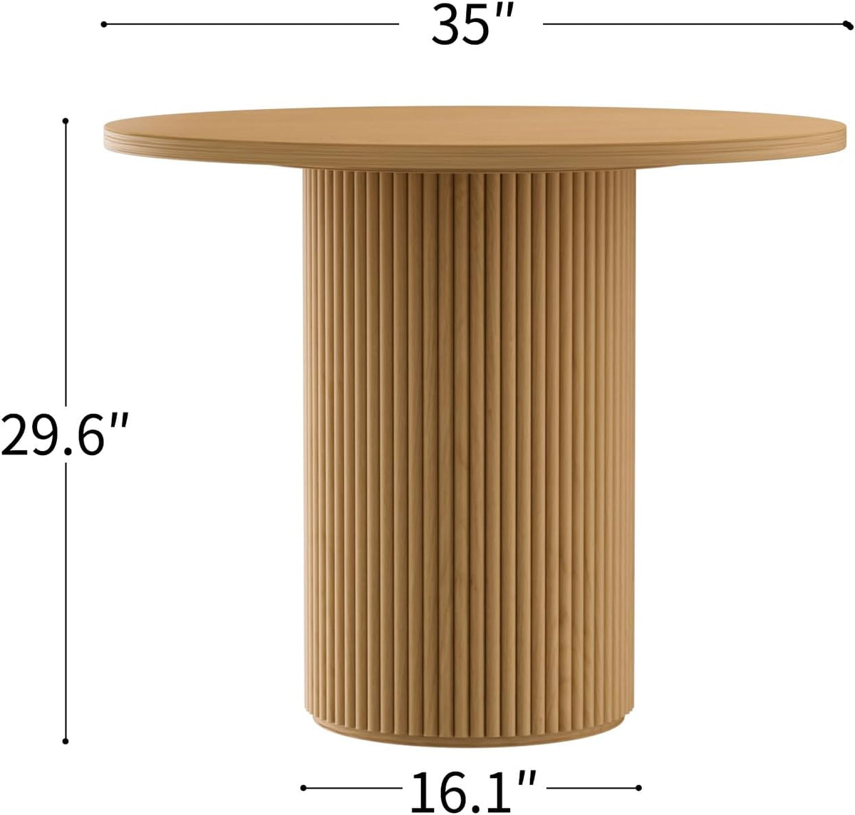 Round dining table with fluted pedestal base, front view showing texture detail