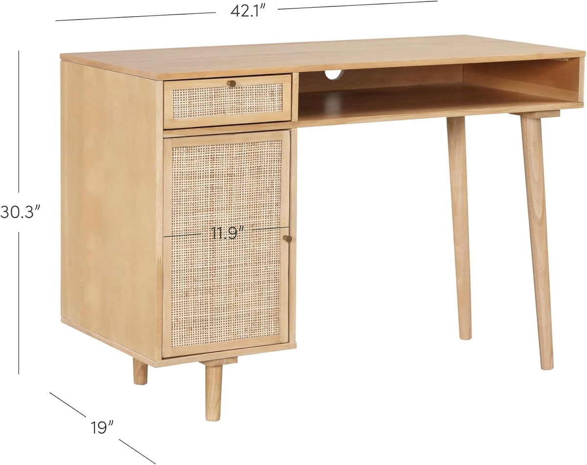 Rattan writing desk with the cabinet door open showing storage