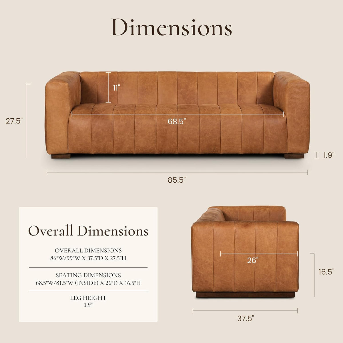 Cognac tan leather sofa styled in a living room