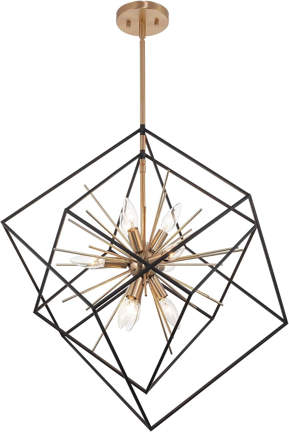Kira Home black and brass geometric cube chandelier, full view