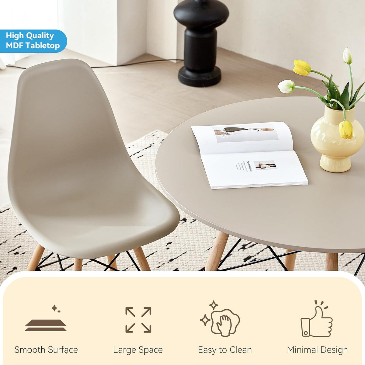 Close-up of molded plastic dining chair seat and beech wood legs
