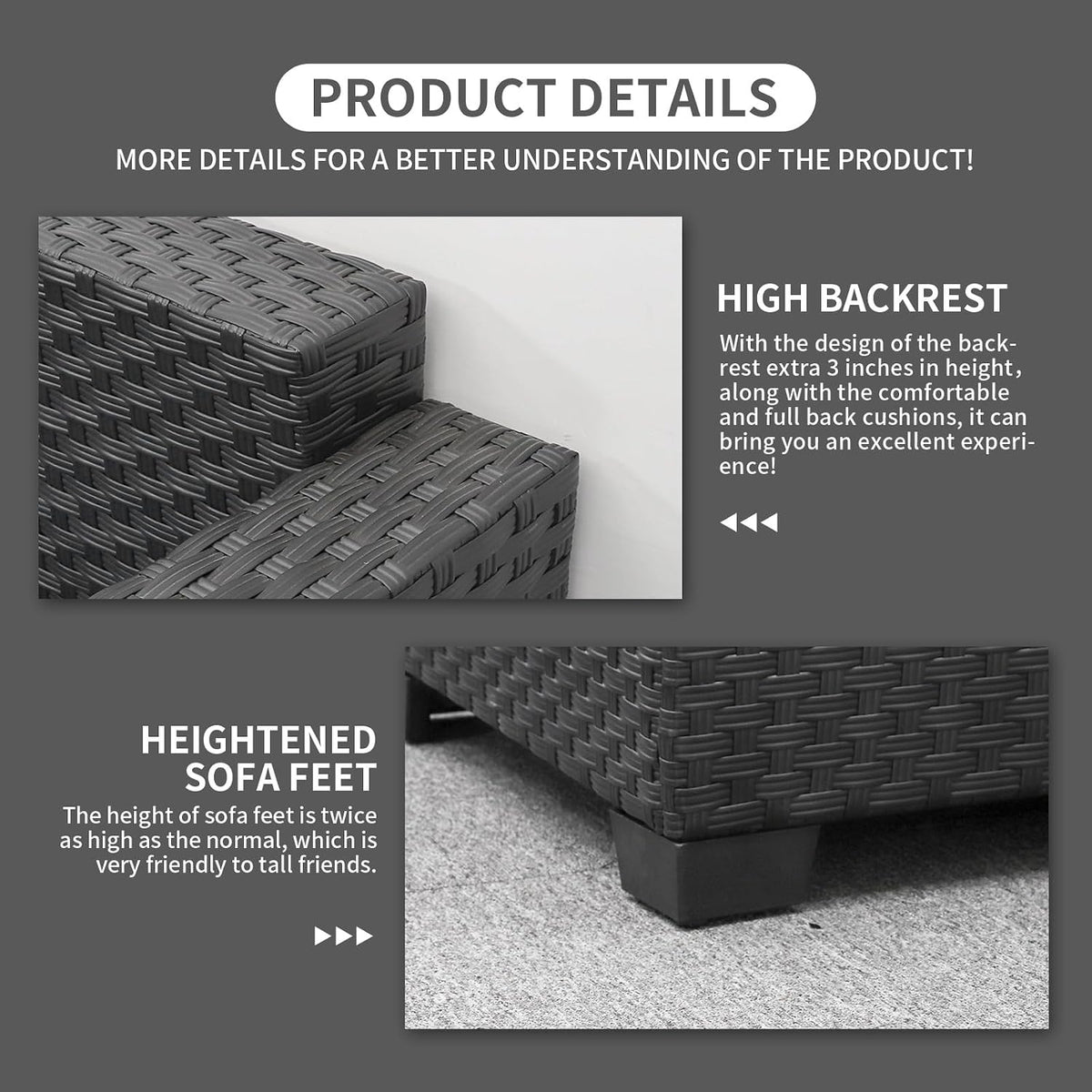 Black wicker outdoor sectional set, ottoman piece close-up