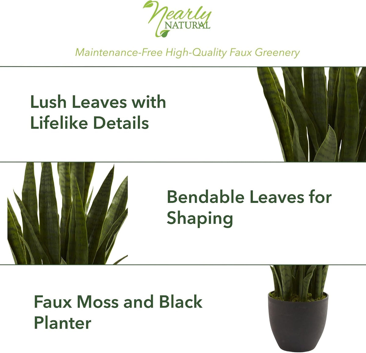 Artificial snake plant with black planter, close-up of leaf detail