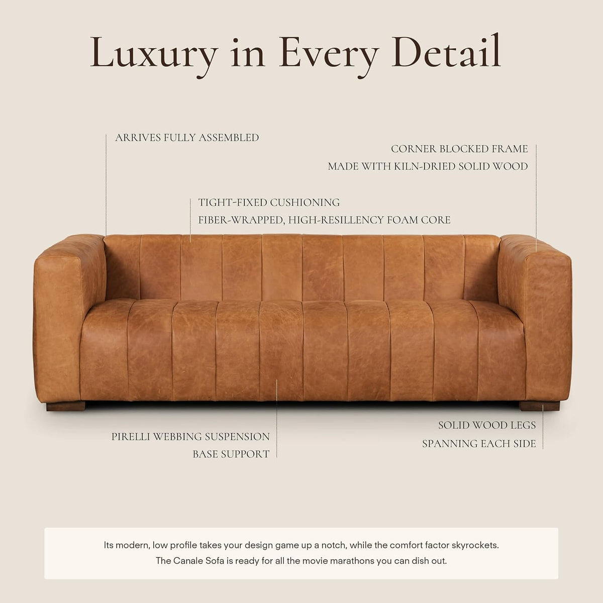 Cognac tan leather sofa side profile showing wood legs
