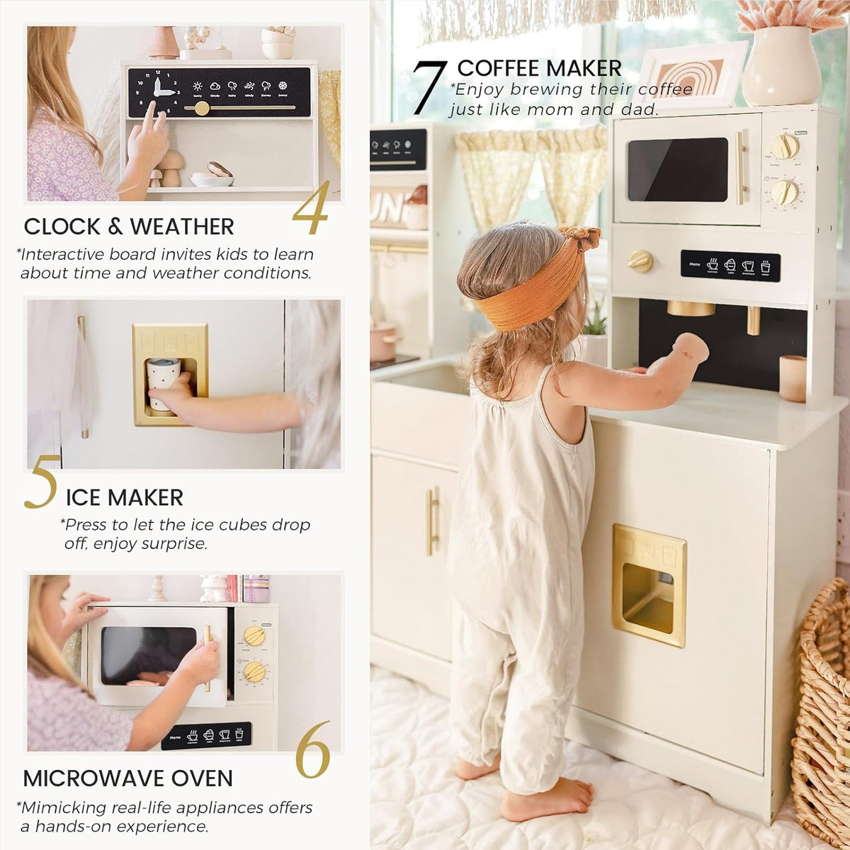 Modern wooden play kitchen, cream white, close-up of stove and sink features