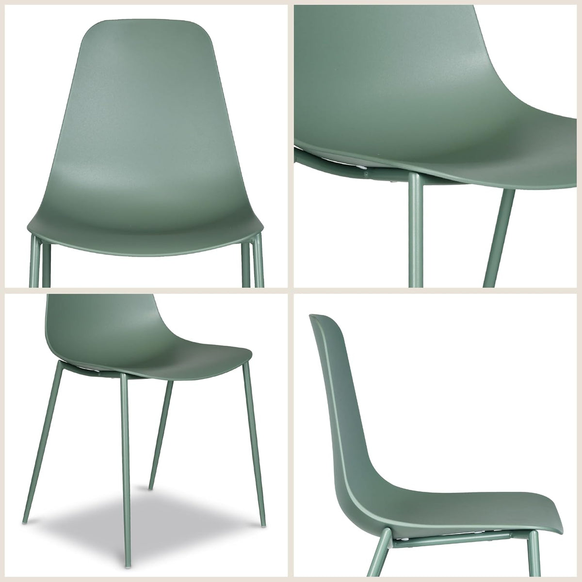 Pistachio green molded dining chairs shown outdoors on a patio