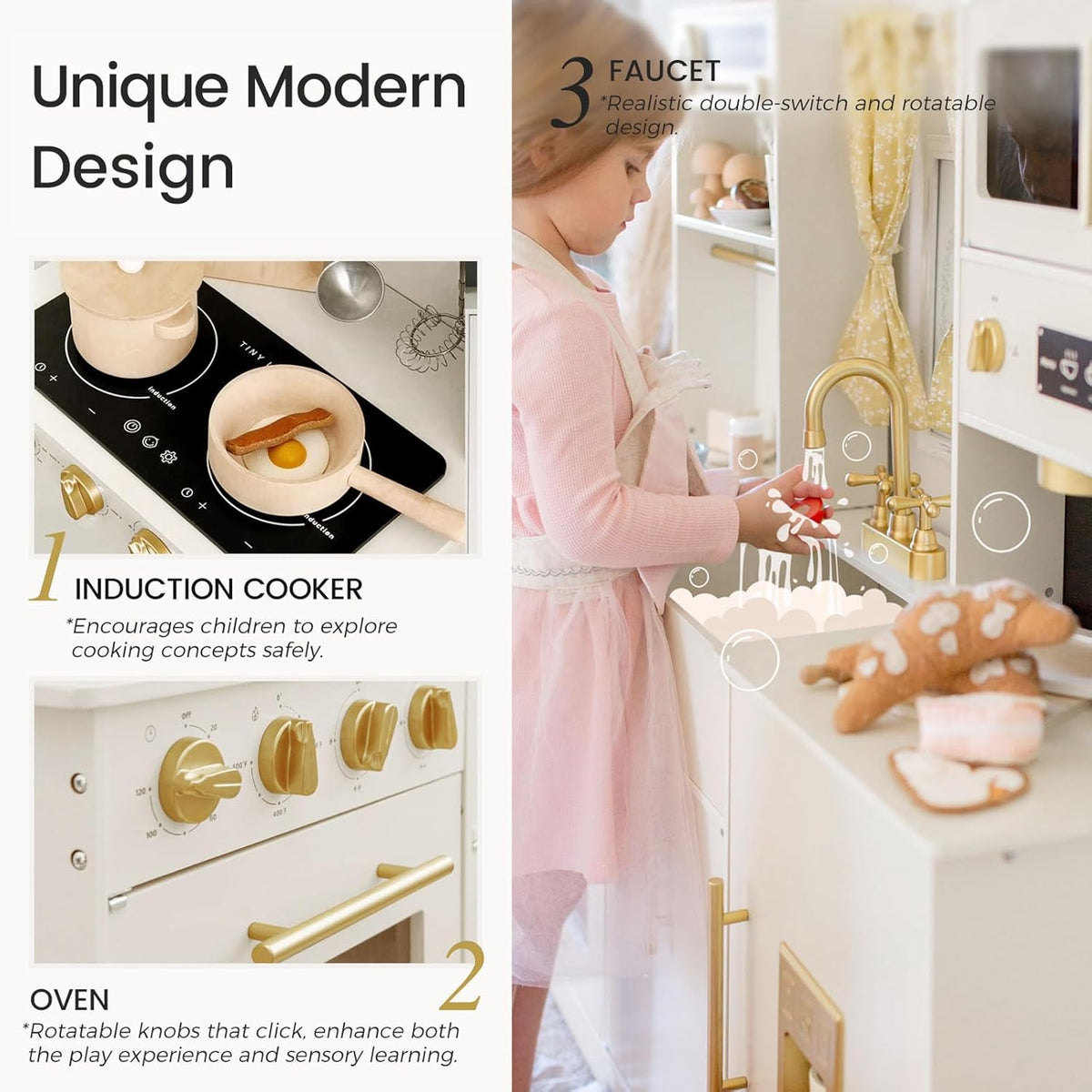 Modern wooden play kitchen, cream white, angled view showing fabric curtains