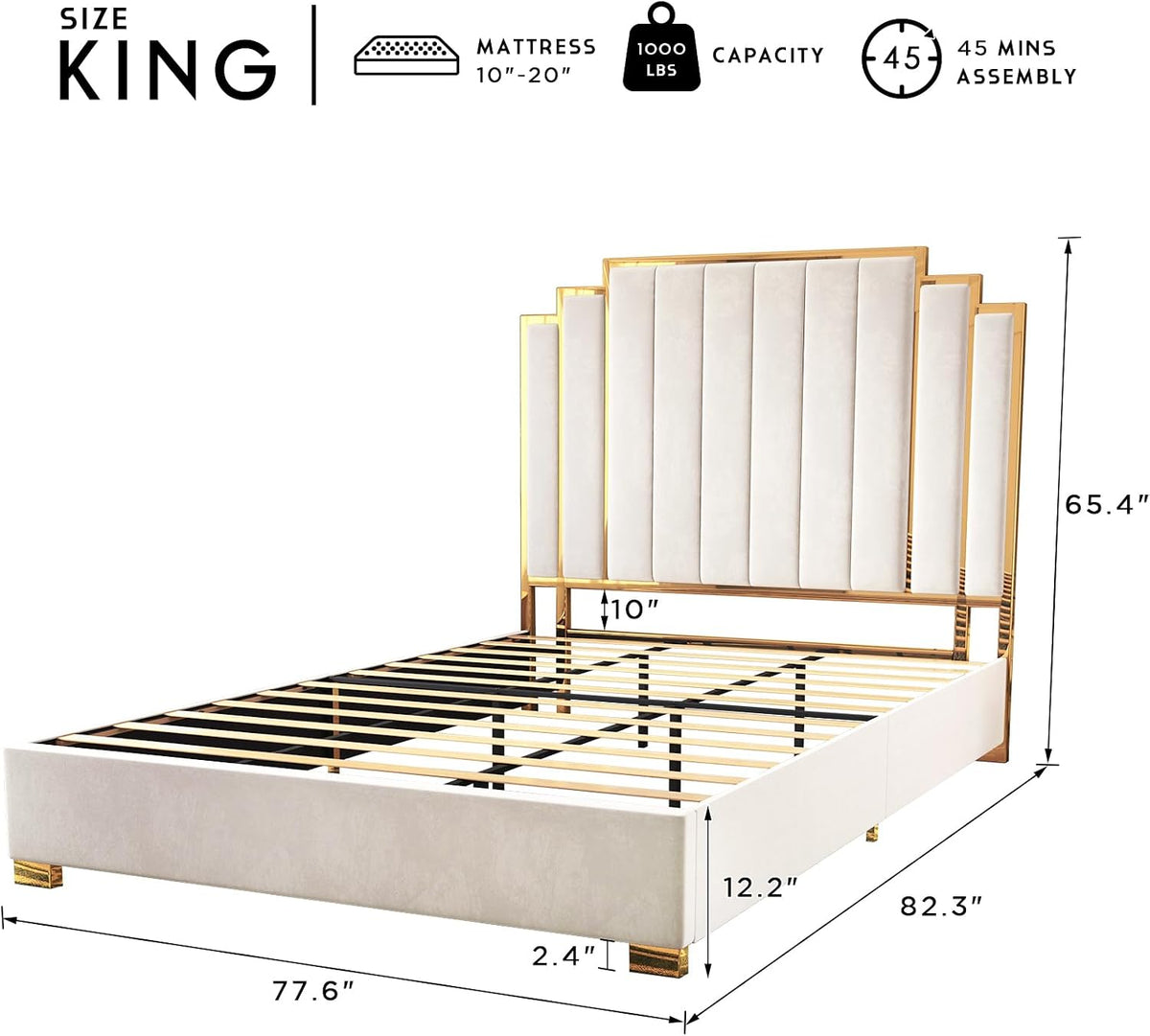 Channel-tufted king platform bed, angled view showing gold-plated legs