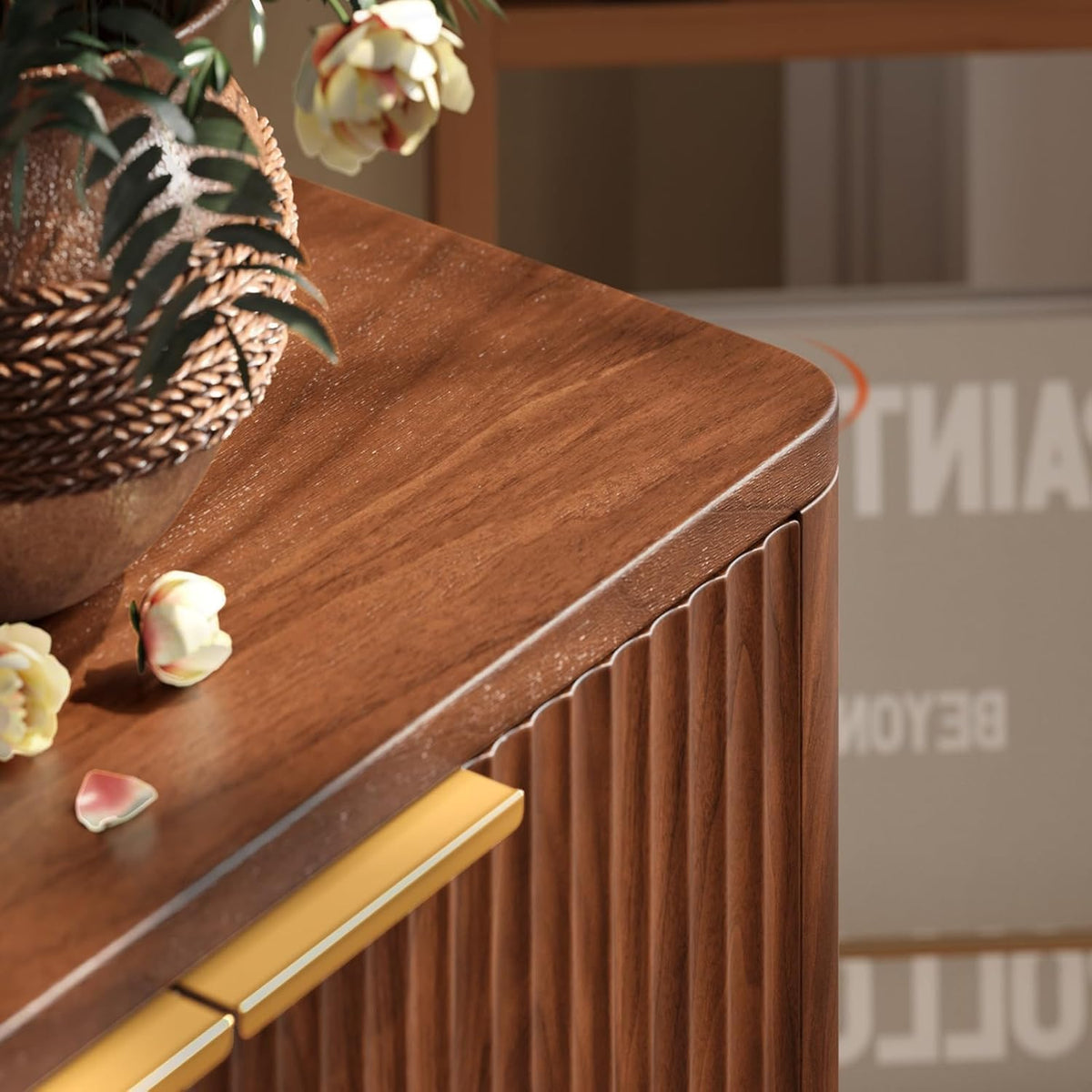 Fluted walnut buffet cabinet, dimension diagram