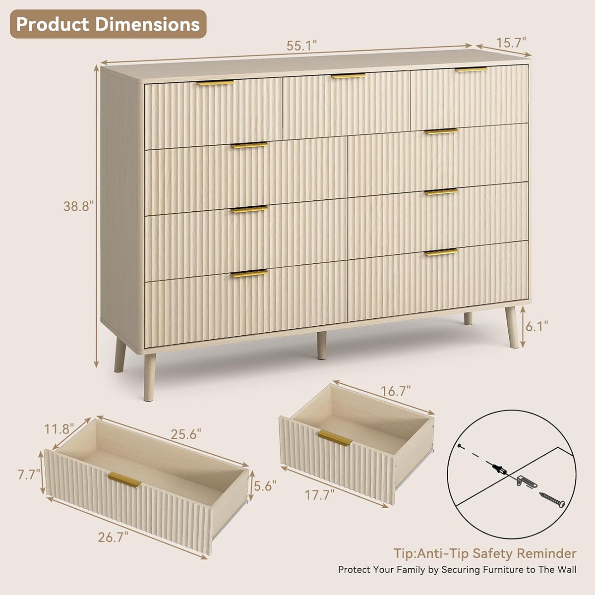 CARPETNAL fluted bedroom set dresser, beige with gold pulls, angled view