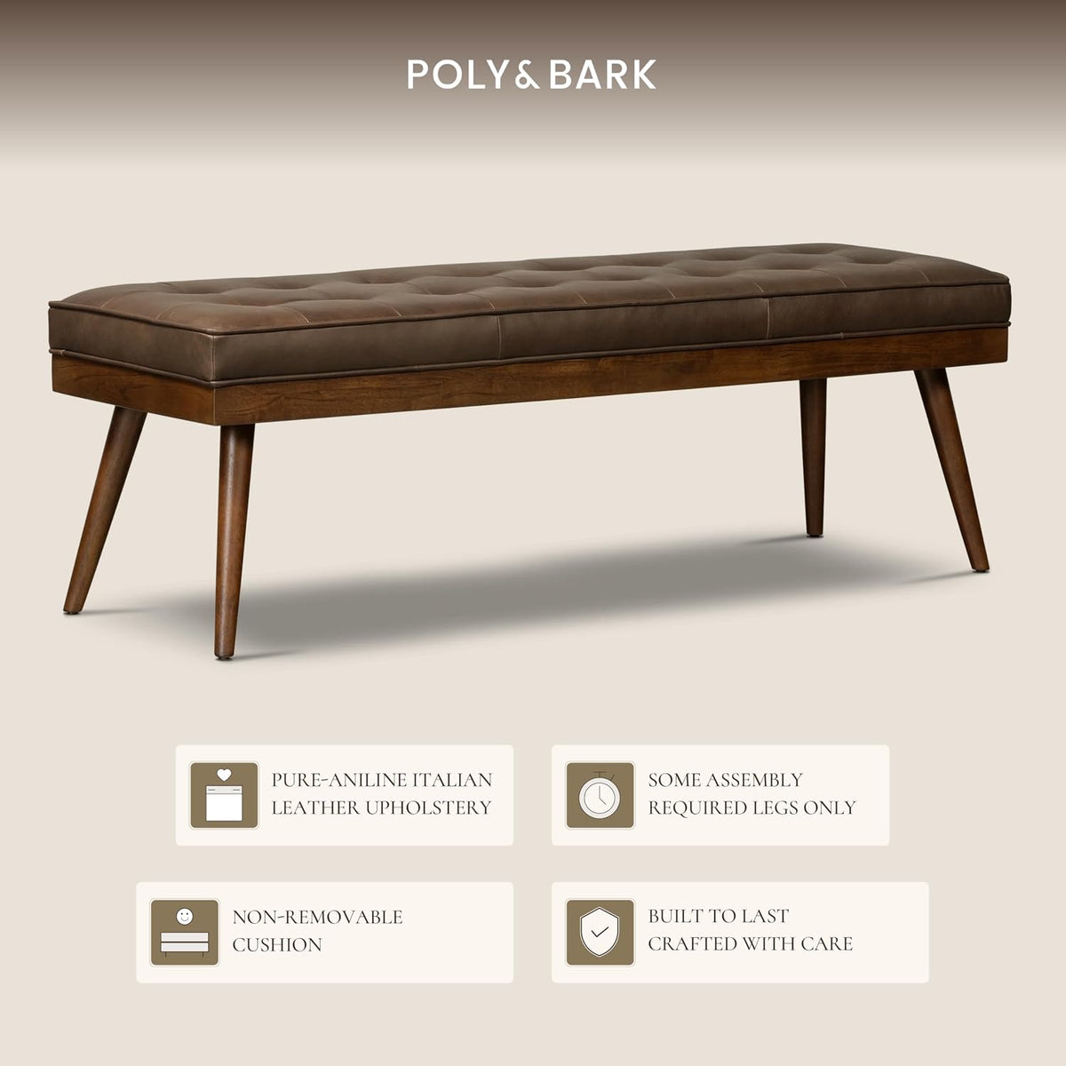 Poly & Bark leather bed bench, walnut-finished wood legs detail