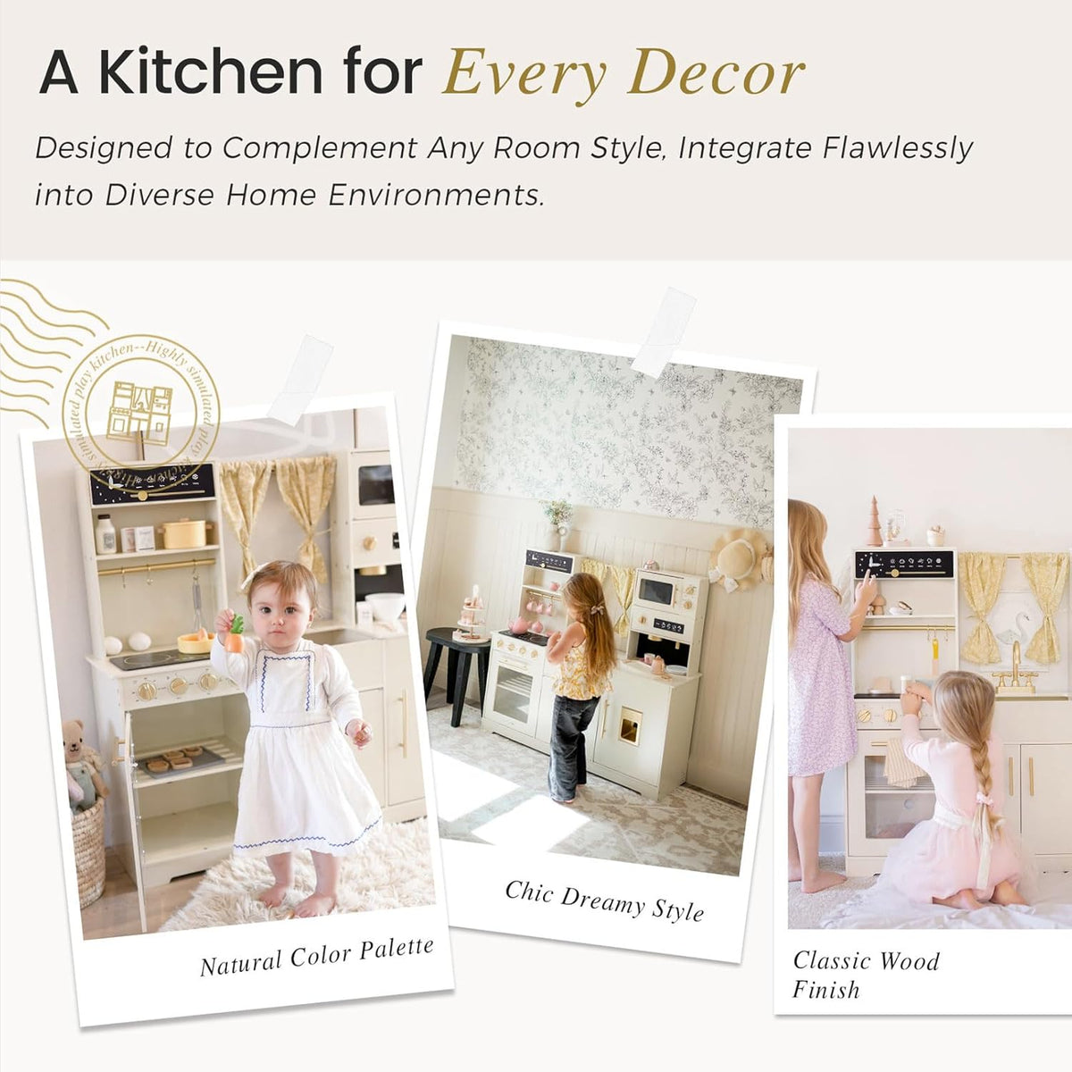 Modern wooden play kitchen, cream white, children playing at the kitchen