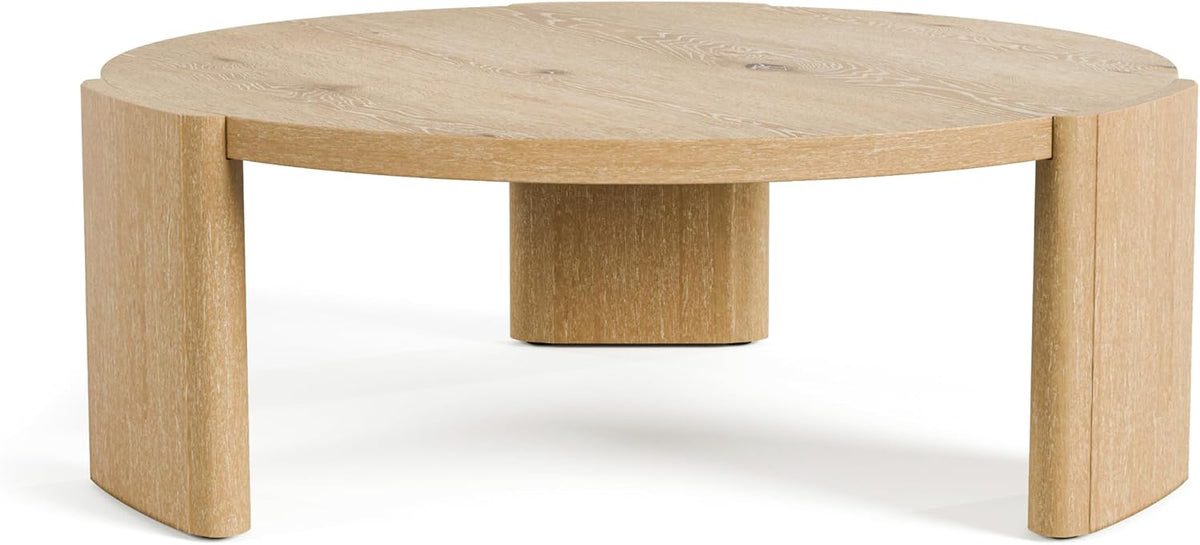 Round oak coffee table paired with a matching end table