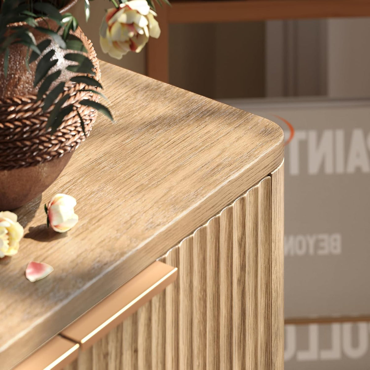 Fluted oak TV stand, close-up of vertical fluted texture