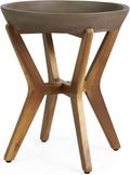 Round light gray concrete tabletop outdoor side table on splayed acacia wood leg base