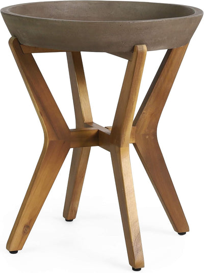 Round light gray concrete tabletop outdoor side table on splayed acacia wood leg base